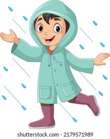 Cartoon little boy wearing raincoats and boots in the rain