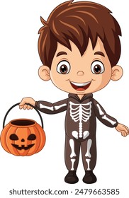 Cartoon little boy wearing skeleton costume holding pumpkin bucket.