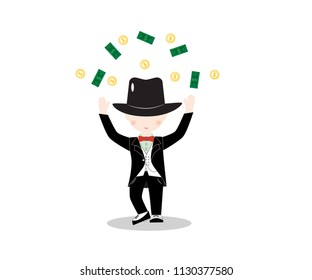 Cartoon little boy wearing suit and black top hat, young gentleman dressed up in classic retro style vector Illustration. With red bow tie. Isolated. With money.