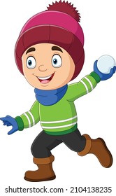 Cartoon little boy in winter clothes throwing snowballs