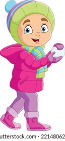 Cartoon little boy in winter clothes with snowballs