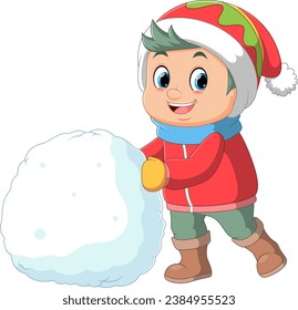 Caricatura de niño pequeño vestido de invierno con una bola de nieve grande en la ilustración