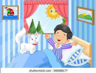 Cartoon Little boy woke up and yawns with cat animal
