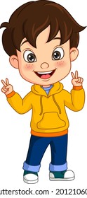 Cartoon little boy in yellow jacket and peace hand sign