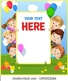 Cartoon little boys and girls waving hands, emerge from behind white banner at the right and at the left against nature background with balloons. Template, mockup, place for text, copy space.