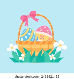 Cartoon little bunny in a basket of Easter eggs painted with bright patterns.