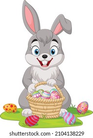 Cartoon little bunny with Easter eggs basket