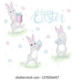 Cartoon little bunny holding Easter egg