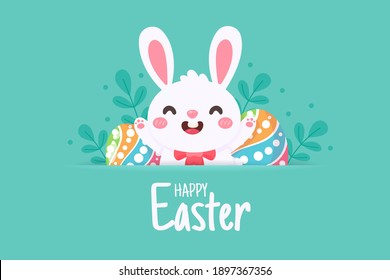 Cartoon little bunny with long ears jumping happily on the green meadow with easter eggs in spring