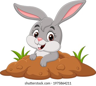 Cartoon little bunny out from hole