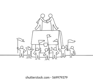 Cartoon little business people with big case. Doodle cute miniature scene of workers about cooperation. Hand drawn vector illustration.