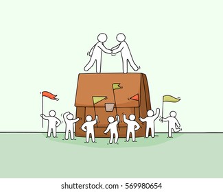 Cartoon little business people with big case. Doodle cute miniature scene of workers about cooperation. Hand drawn vector illustration.