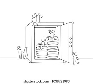 Cartoon little business people with safe. Doodle cute miniature scene of workers about money protection. Hand drawn vector illustration for business and finance design.