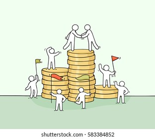 Cartoon little business people with stack of coins. Doodle cute miniature scene of workers about cooperation. Hand drawn vector illustration for business and finance design.