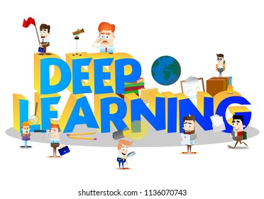 Cartoon little business people and students with word Deep Learning. Miniature scene of businessmen and kids.