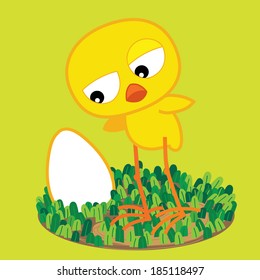 Cartoon little chick with Easter egg on meadow with green background. Simple cute vector theme. Good for card, fabric print, book and other children stuff