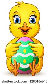 cartoon little chick holding easter egg