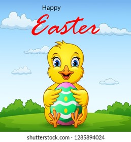 cartoon little chick holding easter egg with background