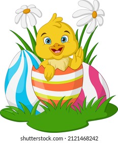 Cartoon little chick inside a cracked easter egg