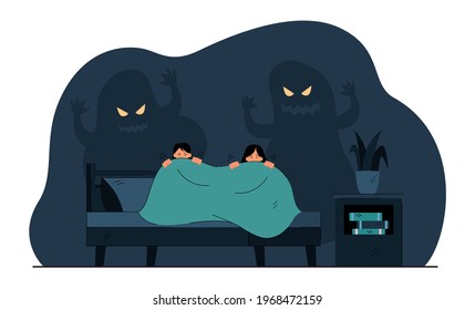 Cartoon little children afraid of ghosts in darkness. Flat vector illustration. Kids trembling and hiding under covers from scary ghost shadows on wall behind. Childhood, fear, mystery concept