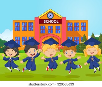 Cartoon little children celebrate their graduation with school background 