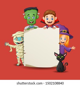 Cartoon little children in halloween costumes with space for your copy. Vector illustration