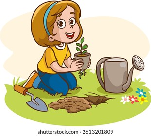 Cartoon little children planting young tree