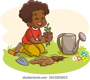 Cartoon little children planting young tree