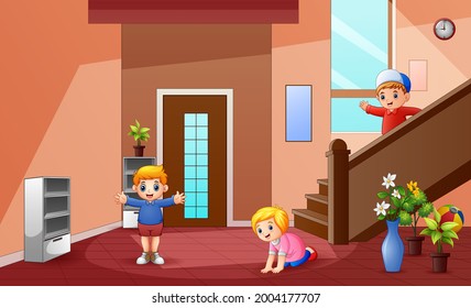 Cartoon little children playing at the home