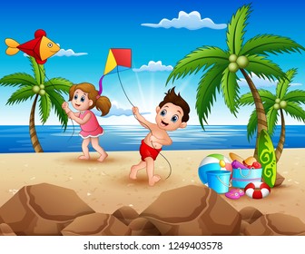 Cartoon of little children playing with kites on the beach