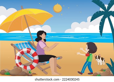 Cartoon of little children playing with mother on the beach