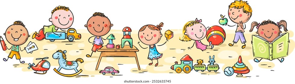 Cartoon little children playing with toys together. Kindergarten kids activities, happy elementary age boys and girls