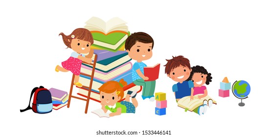 Cute Kids Reading Book Children Books Stock Vector (Royalty Free ...