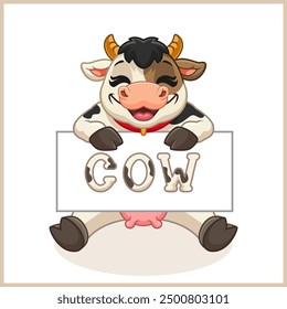 Cartoon little cow sitting holding a blank board