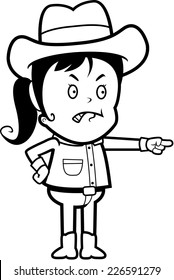 A cartoon little cowgirl angry and pointing.