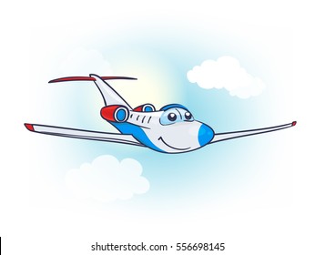 Cartoon Little Cute Air Plane With Smiling Face And Eyes In The Sky With Sun And Clouds. Vector 