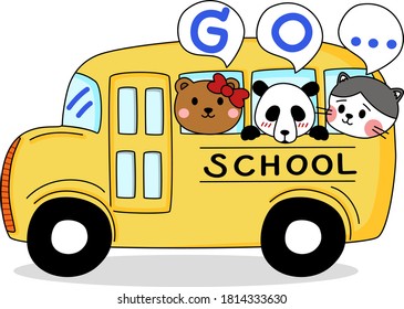 Cartoon of little cute animal go to school by school bus. Simple cute hand draw line vector and minimal icons flat style character illustration.