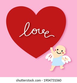 Cartoon of little cute cupid and big love red heart for love valentine day. Simple cute hand draw line vector and minimal icons flat style character illustration.
