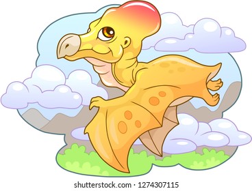 cartoon little cute dinosaur pterodactyl, funny illustration
