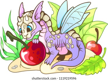 cartoon little cute dragon eating cherry, funny illustration