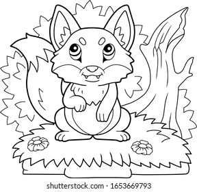 cartoon little cute fox, coloring book, funny illustration