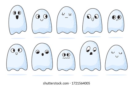 Cartoon little cute ghosts collection. Halloween scary spooky ghostly monsters.