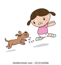 Cartoon little cute girl in pink dress runs away from the dog barking, illustrator vector cartoon drawing
