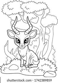 cartoon little cute impala antelope, coloring book, funny illustration