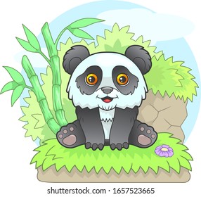 cartoon little cute panda sitting on the grass, funny illustration