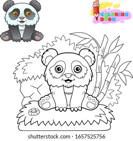 cartoon little cute panda sitting on the grass, funny illustration
