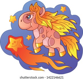 cartoon little cute pony flying among the stars