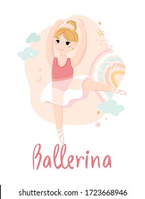 Cartoon little dancing ballerina in a dance position on an abstract background with rainbows, stars, clouds. Decorative poster for the choreography Studio, children's room. Vector illustration.