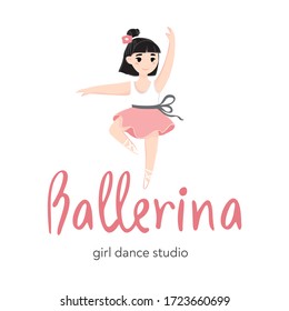 Cartoon little dancing girl on a white background. The handwritten word Ballerina is the name of the school of dance and choreography. Logo for children's ballet Studio. Cartoon vector illustration.