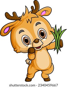 Cartoon little deer holding grass on white background of illustration